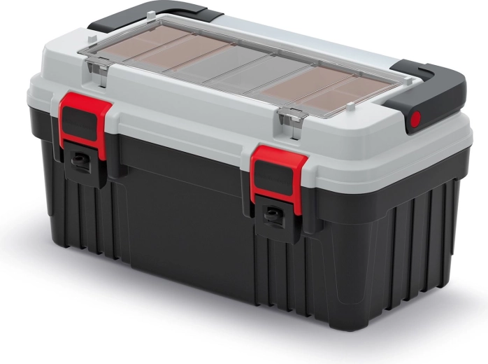 Plastičen kovček za orodje s kovinskim ročajem in organizatorji OPTIMA 470 × 256 × 238 mm, siv