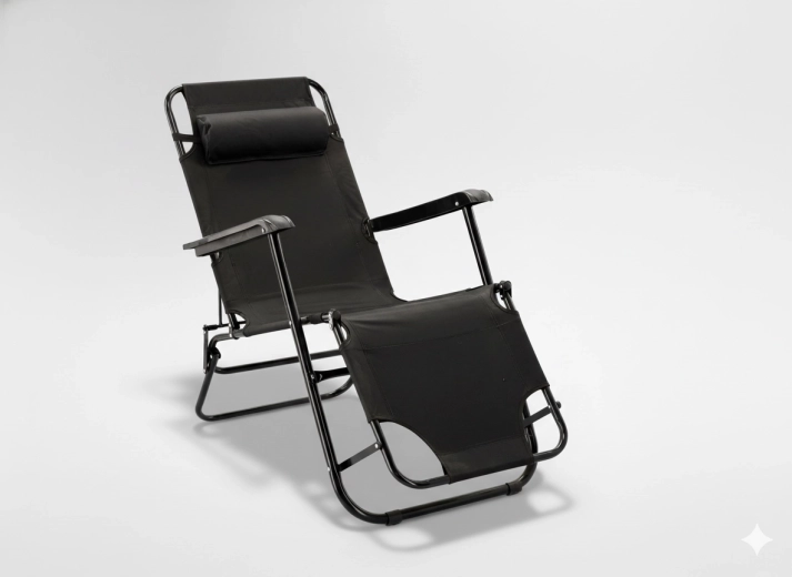 Zložljiv vrtni ležalnik s podložkom za glavo, črn