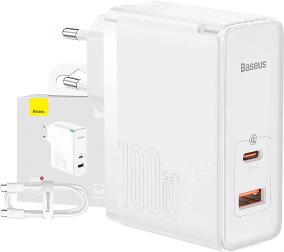 polnilec Baseus GaN5 Pro 100 W z USB‑C in USB + 1 m kabel, bel