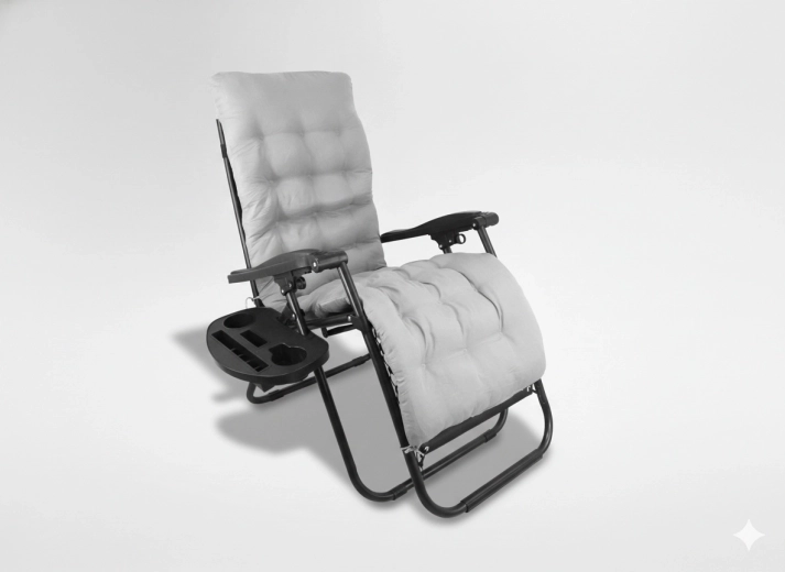 Zložljiv vrtni ležalnik z podlogo in mizico, črn s sivim vzglavnikom