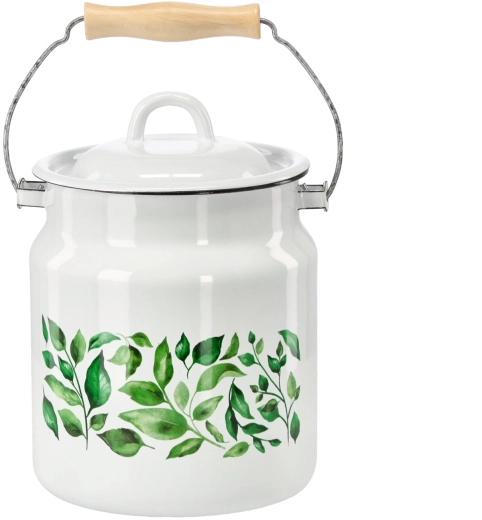 Emajliran lonec za mleko 3,3 l z lesnim ročajem, bel z motivom fikusa