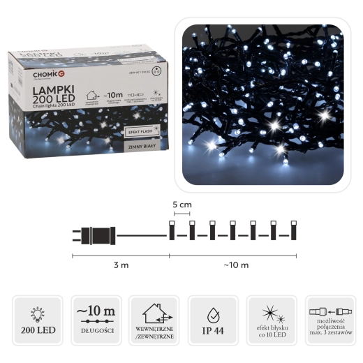 LED veriga 200 LED hladno bela z utripanjem, 10 m, notranja in zunanja