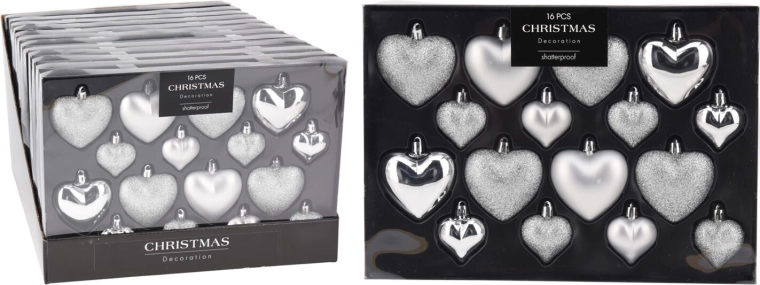 Christmas hanging heart ornaments, silver, assorted shades, 16 pcs