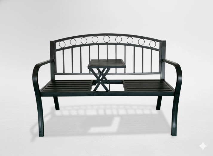 Garden metal bench with folding table, 127 × 53 × 84 cm