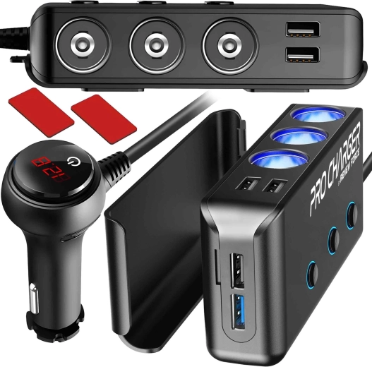 Razdelilnik za avtomobilski vžigalnik 200 W s 3 vtičnicami in 4× USB (QC 3.0 + PD) z digitalnim voltmetrom - 1 kos