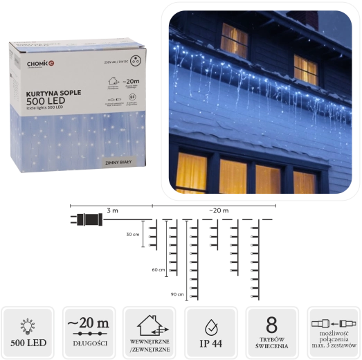 Svetlobna zavesa ledene sveče 500 LED hladno bela 23 m