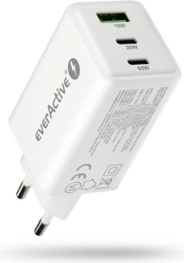 Omrežni polnilnik everActive GaN 65 W z USB in 2× USB‑C PD PPS QC4+, bel