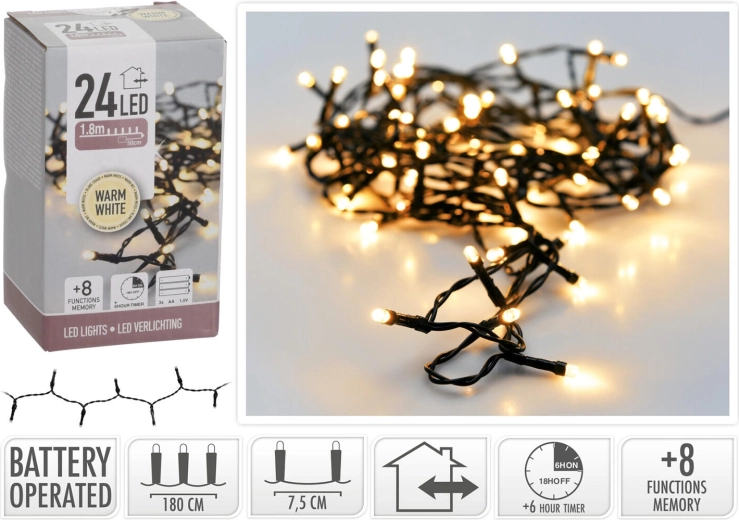 Christmas LED lights 1.8 m, 24 LEDs, warm white, 8 functions with timer