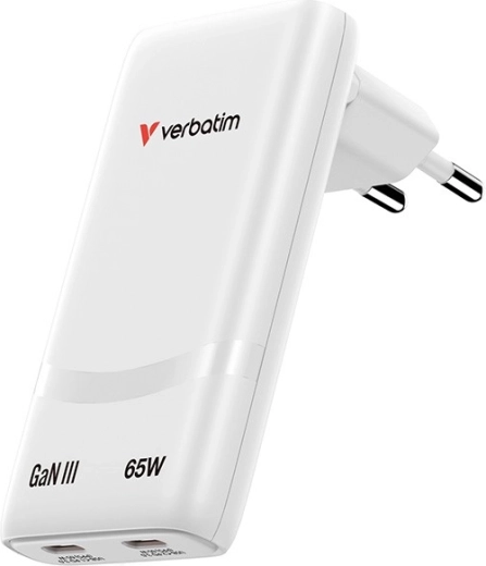 Verbatim Fold n Go GaN polnilnik 65 W, 2× USB‑C (PD 3.0, PPS), bel