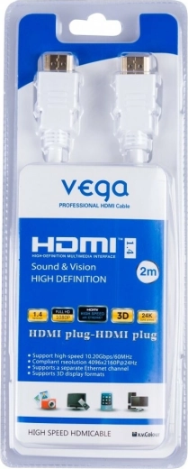 Vega HDMI kabel 3D, pozlačeni priključki, 2 m, bel