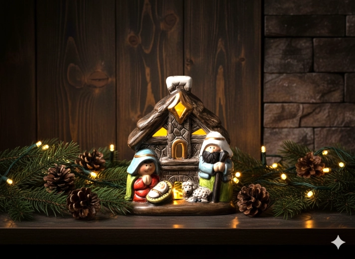 Božični jaslice hiška z LED osvetlitvijo 10 × 6,6 × 12 cm