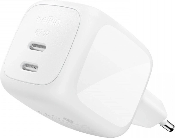Belkin dvojni omrežni polnilnik GaN 67 W z 2× USB-C, bel