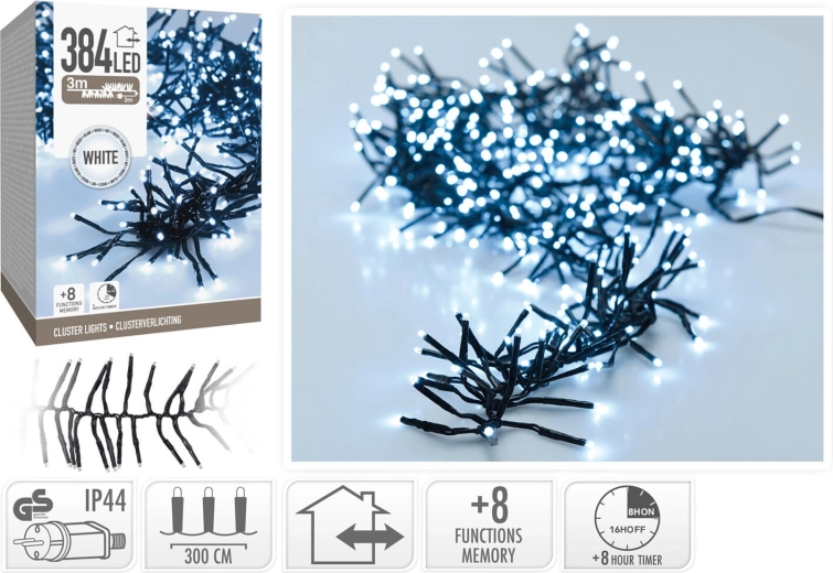 Božični LED niz 3 m, hladno bela, 384 LED, 8 načinov s časovnikom