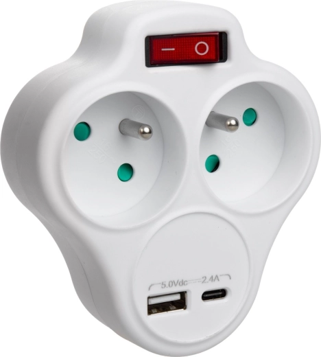Socket splitter with 2 sockets, USB and USB-C