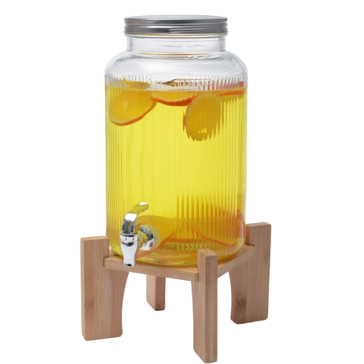 Stekleni dozirnik za pijače 5,5 l z lesenim stojalom in srebrnim pokrovom