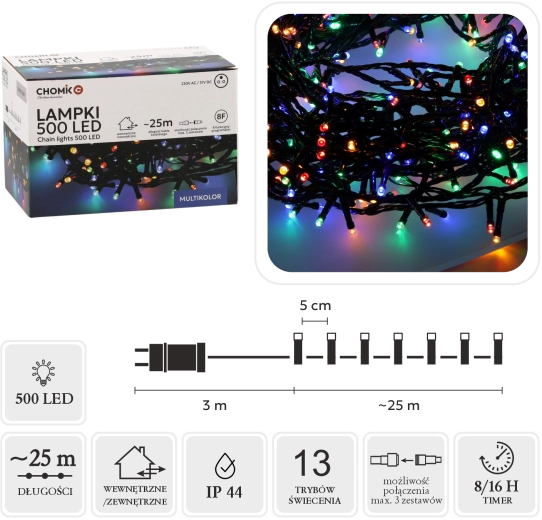 LED svetlobna veriga 500 večbarvnih diod 28 m (25 m svetlobni del) za notranjo in zunanjo uporabo - 1 kos