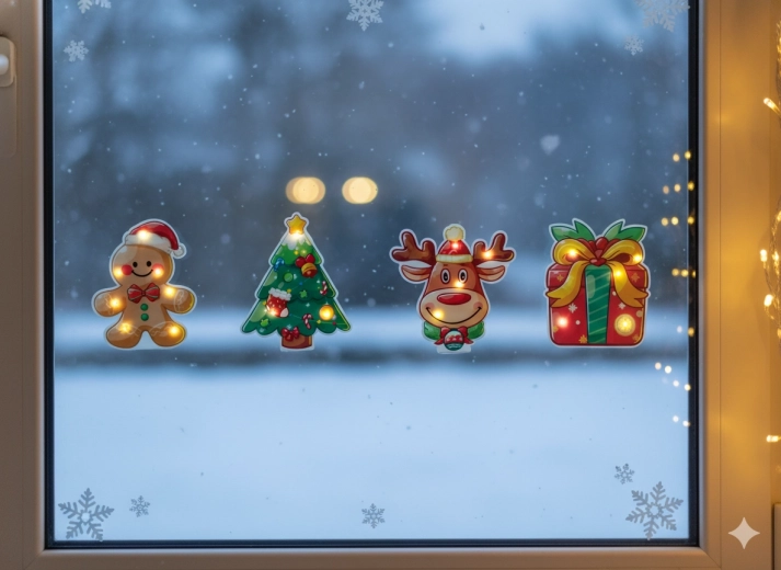 Božična gel LED nalepka – toplo bela, mešanica motivov