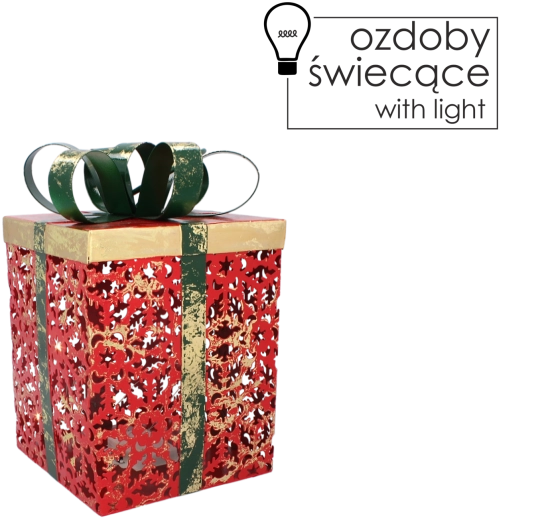 Božični kovinski darilni zaboj z LED osvetlitvijo, rdeč z zeleno pentljo, 16 × 16 × 26 cm