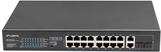 neupravljano stikalo poe+ 16× fast ethernet z 2× combo gigabit uplink, 250 w, rack 19″ lanberg