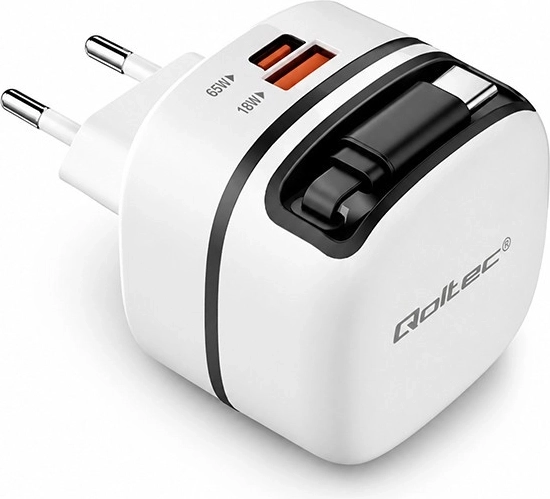 Qoltec GaN omrežni polnilnik 65 W USB‑C PD PPS z vgrajenim izvlečnim kablom