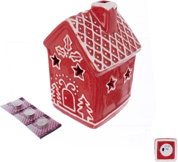 Keramična božična hišica z LED osvetlitvijo rdeča 12 cm