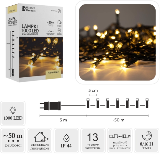 LED light chain with 1000 LEDs, warm white, 50 m