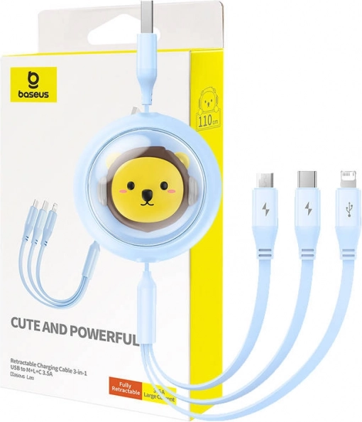 Vlečni polnilni kabel 3v1 BASEUS USB na USB‑C, micro USB in Lightning, 3,5 A, 1,1 m – moder