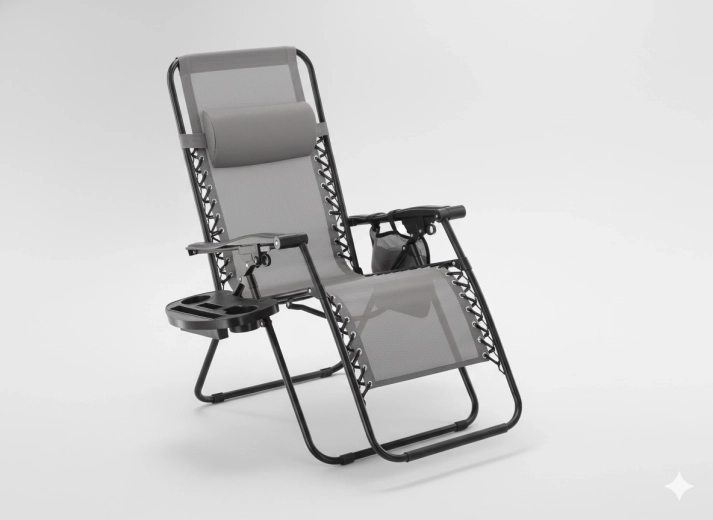 Zložljiv vrtni ležalnik s stransko mizico, žepom in vzglavnikom – siv