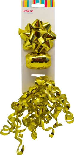 Darilni set v kovinsko zlati – pentlja 9 cm, trak 10 m, mašlica 6 mm (3 kos)