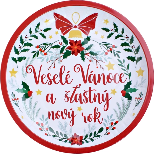 Okrogel pločevinast pladenj Vesel božič 26 cm