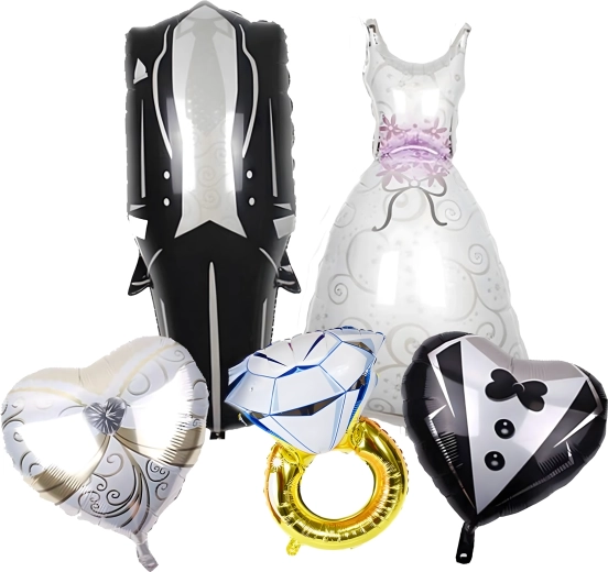 Poročni baloni – obleka, smoking, srce in zaročni prstan, 5 kos