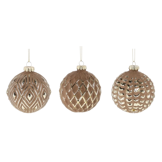Steklene božične krogle 8 cm rjave z zlatimi ornamenti, set 12 kosov