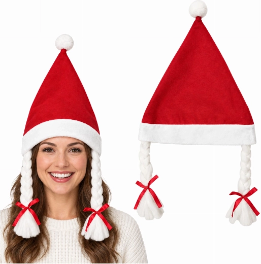 Mrs. Santa Christmas Hat with Braids - 1 piece
