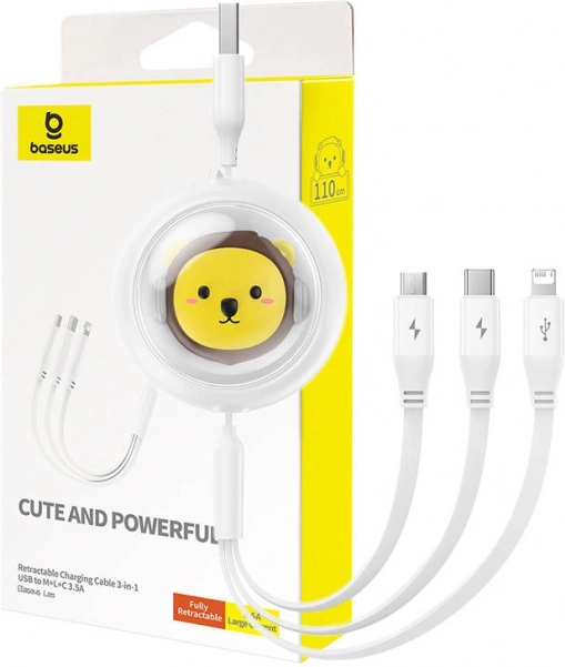 Vlečni polnilni kabel 3-v-1 BASEUS USB na USB‑C, Micro USB in Lightning, 3,5 A, 1,1 m – bel