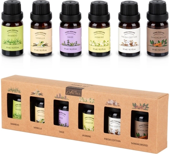 Darilni komplet eteričnih olj 6×10 ml – bambus, vanilja, žajbelj, jasmin, fresh cotton, sandalovina