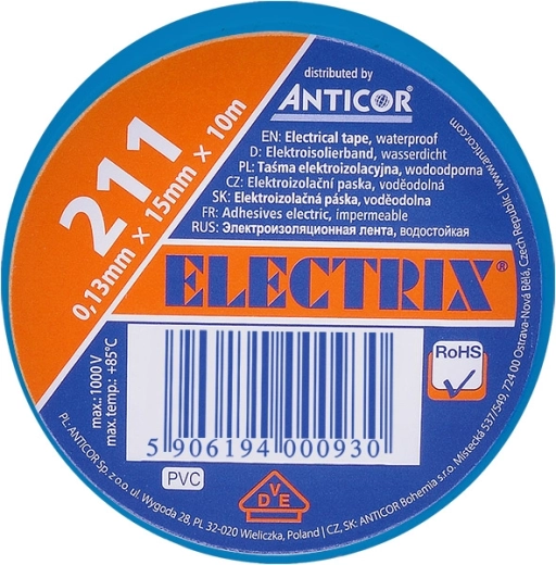 Solight electrical insulation tape 15 mm × 0.13 mm × 10 m – Blue