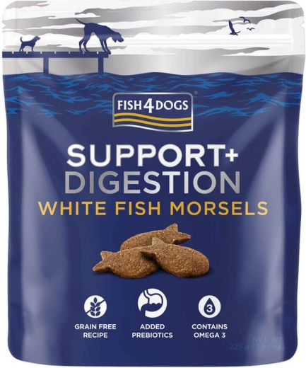 Fish4Dogs pasji priboljški Support+ podpora prebavi z belo ribo in prebiotiki 225 g