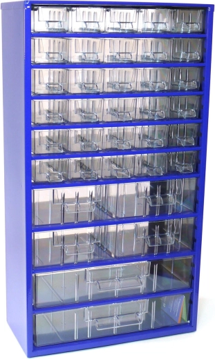 Kovinska predalna omarica TOKOZ, 30 malih, 4 srednji in 2 veliki predali, 30,5 × 55 × 15,5 cm, modra