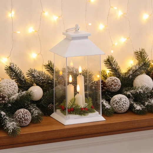 Bela LED laterna s tremi svečkami in časovnikom 14 × 14 × 27 cm