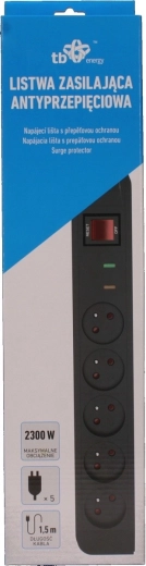 Energy surge-protected power strip with 5 sockets and 1.5 m cable