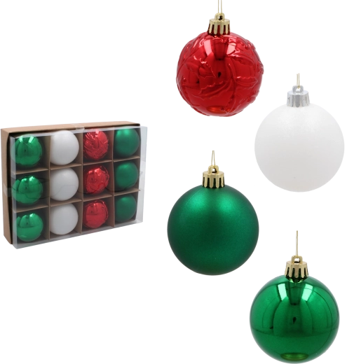 Set božičnih krogel 6 cm – rdeče, zelene in bele, nezlomljive, 12 kosov