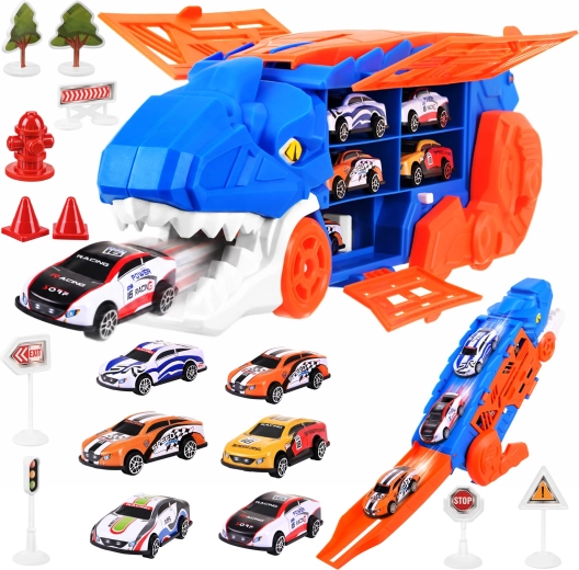 T-Rex Dinosaur Transporter with Race Track and 6 Toy Cars