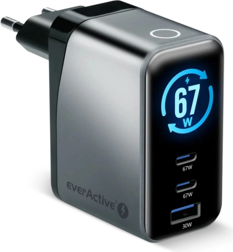 EverActive GaN polnilnik 67 W z LCD (2× USB-C + USB-A)