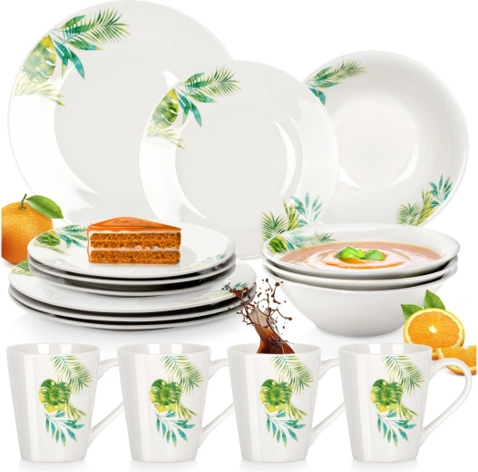 Porcelanasti jedilni set s tropskim rastlinskim motivom, 16 delov