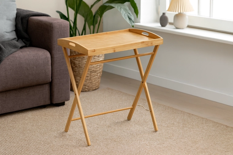 Zložljiva bambusova servirna mizica z odstranljivim pladnjem 49 × 35 × 59 cm