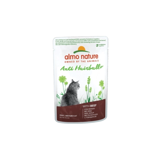 Almo Nature Anti‑Hairball vrečka za mačke z govedino, 70 g