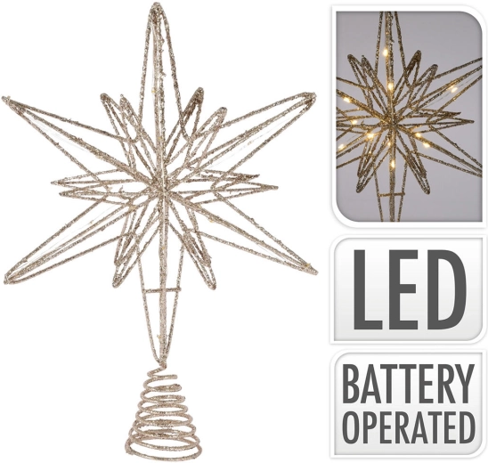 Star-shaped Christmas tree topper with 20 LEDs, 33 cm, champagne/gold