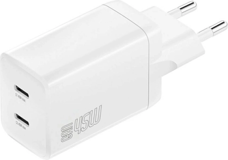 Omrežni polnilec 4smarts PDPlug Dual 45W GaN, 2× USB‑C, bel
