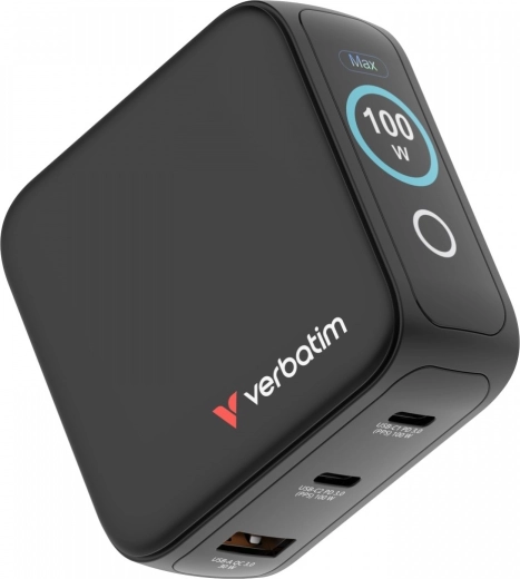 Verbatim mini GaN charger 100 W with smart TFT display, 2× USB-C + USB-A, EU/UK/USA adapters