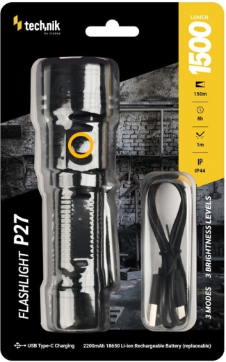 Technik MT-P27 žepna svetilka 1500 lm z USB‑C in zamenljivo baterijo 18650